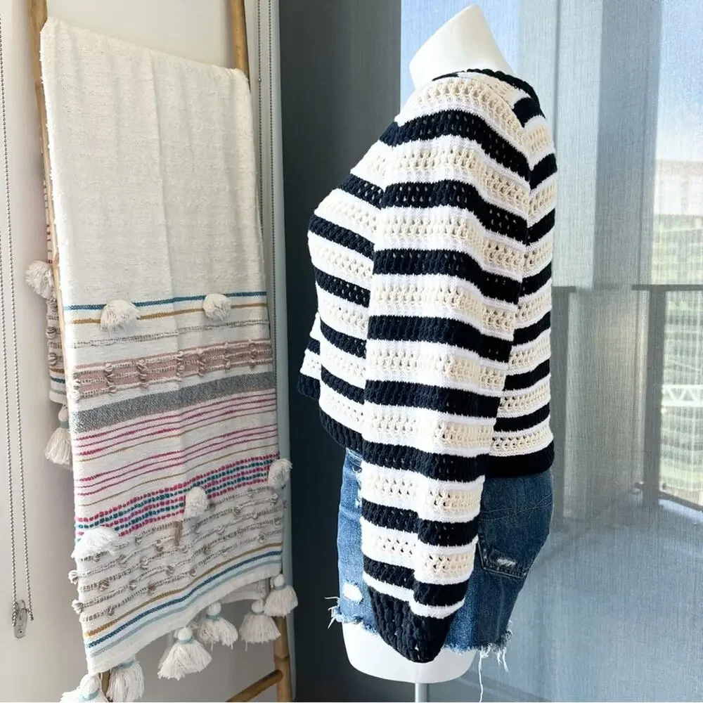 Apiece Apart Black White Striped Open Crochet Knit Slouchy Pullover Sweater XL - Picture 3 of 9